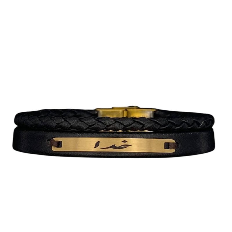 دستبند چرم  و طلا مردانه پلاک خدا - Image 1